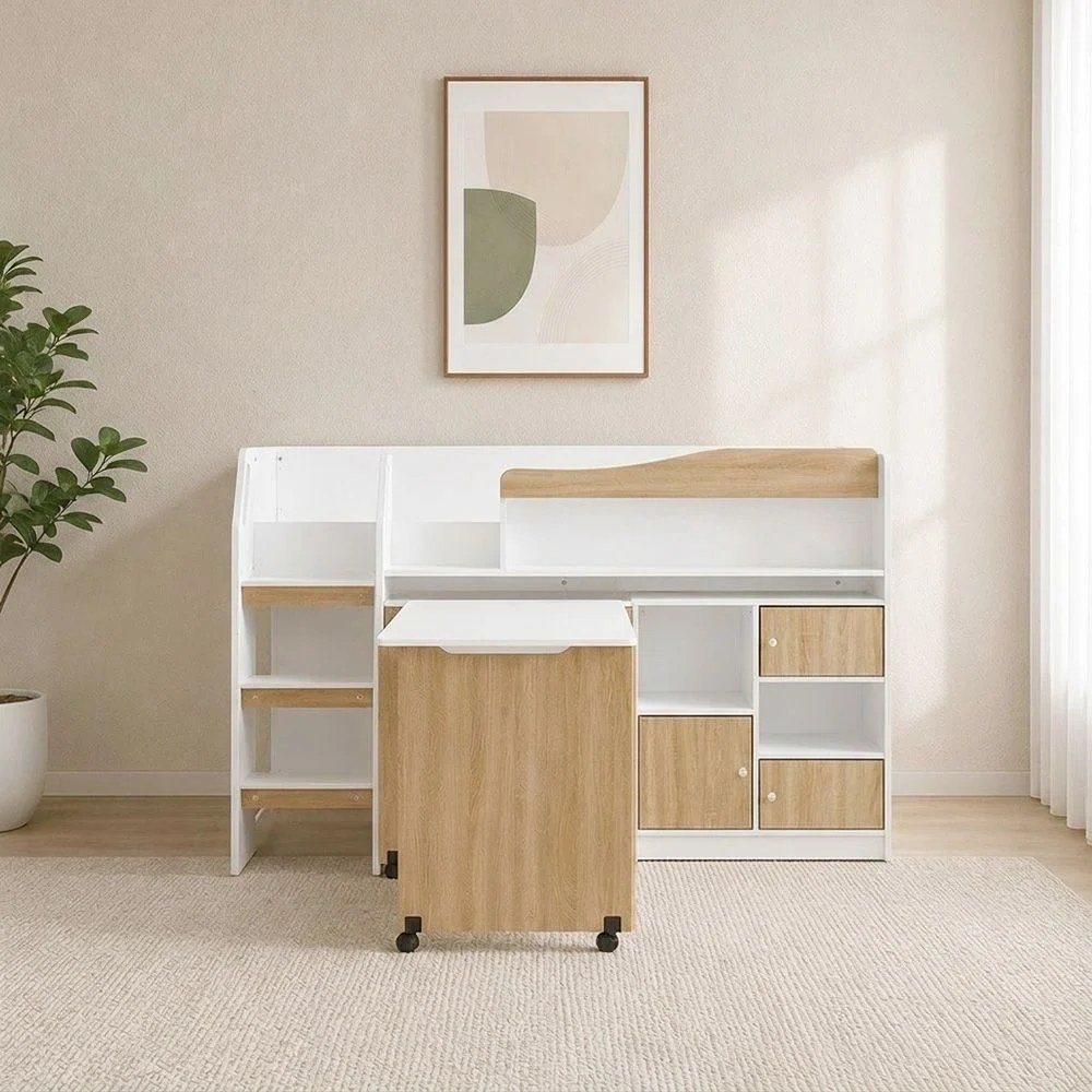 Kinder 90x190 Mid Sleeper Bed with Study Desk & Storage-White & Sonoma Oak-With 2-Year Warranty - Image 2