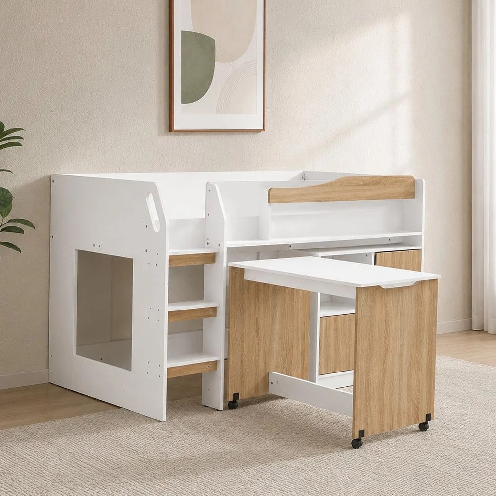 Kinder 90x190 Mid Sleeper Bed with Study Desk & Storage-White & Sonoma Oak-With 2-Year Warranty - Image 3