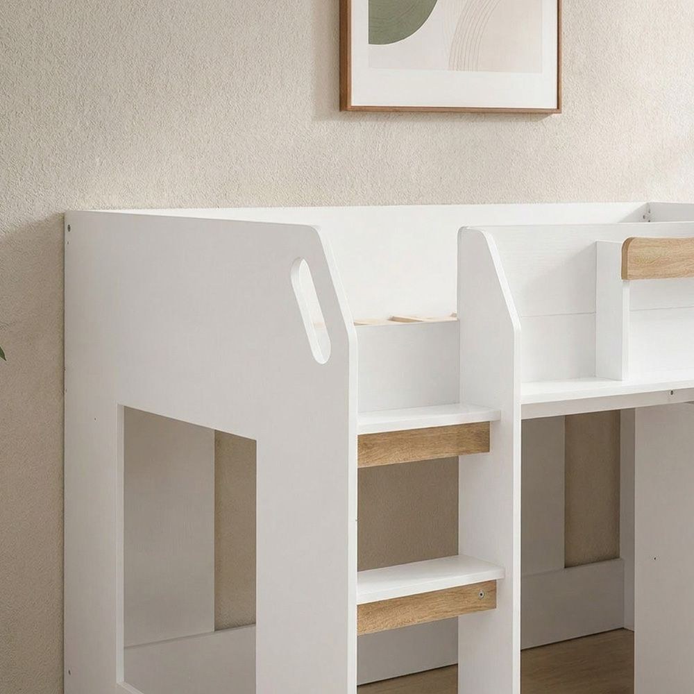 Kinder 90x190 Mid Sleeper Bed with Study Desk & Storage-White & Sonoma Oak-With 2-Year Warranty - Image 4