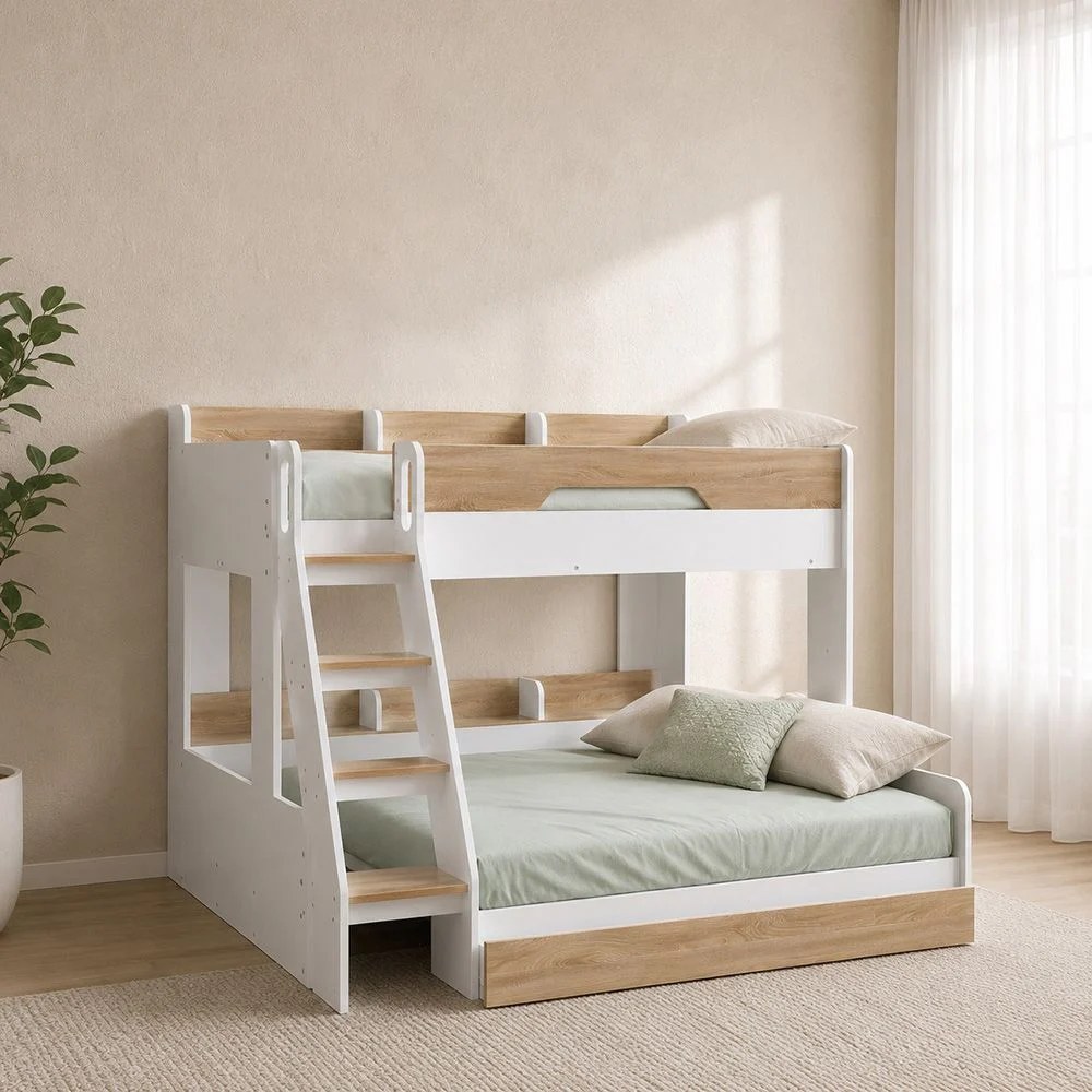 Kinder 90/120x200 Dual Size Kids’ Bunk Bed with Drawer Storage-White & Sonoma Oak-With 2-Year Warranty