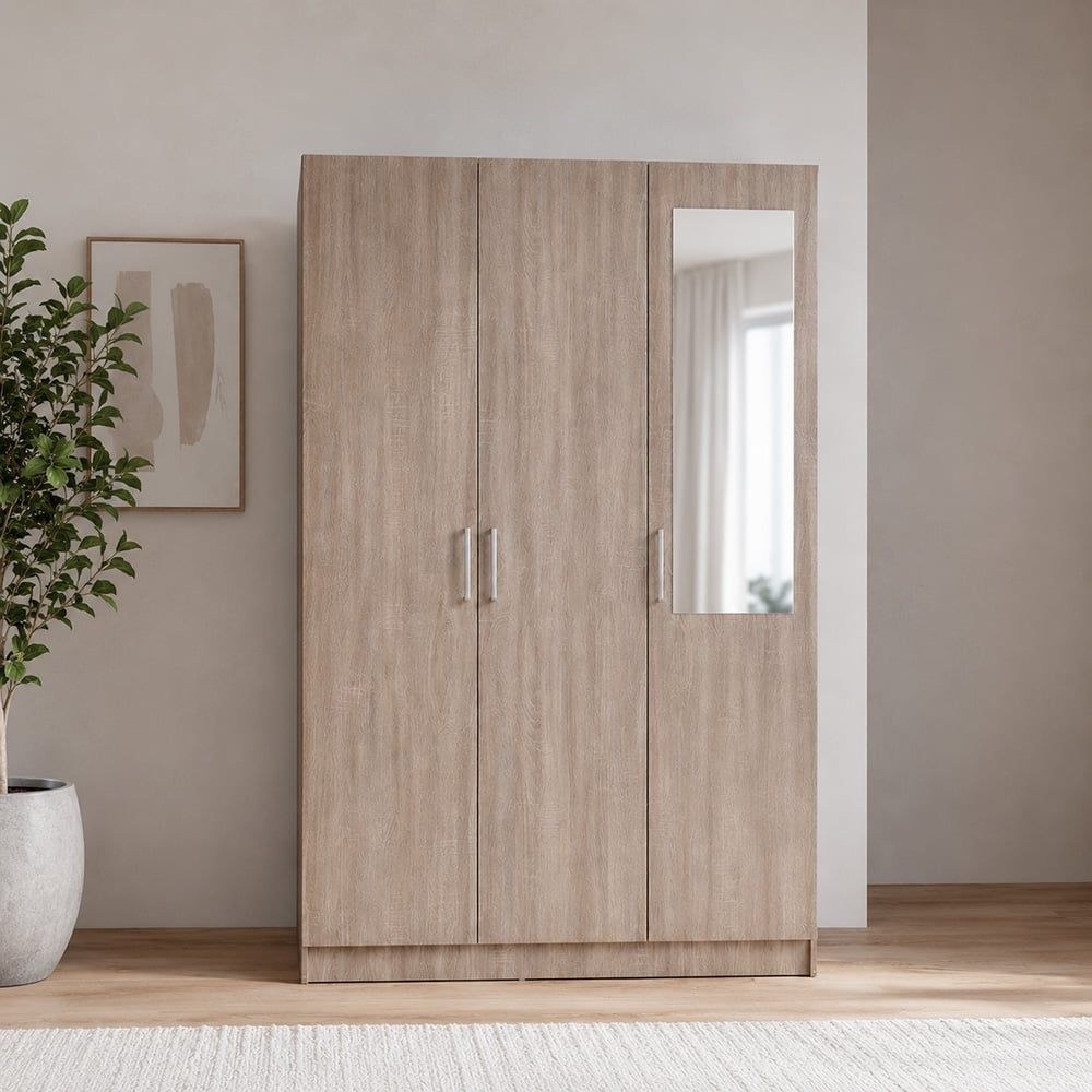 Supreme 3-Door Wardrobe with Mirror-French Sonoma Oak-With 2-Year Warranty - Image 3