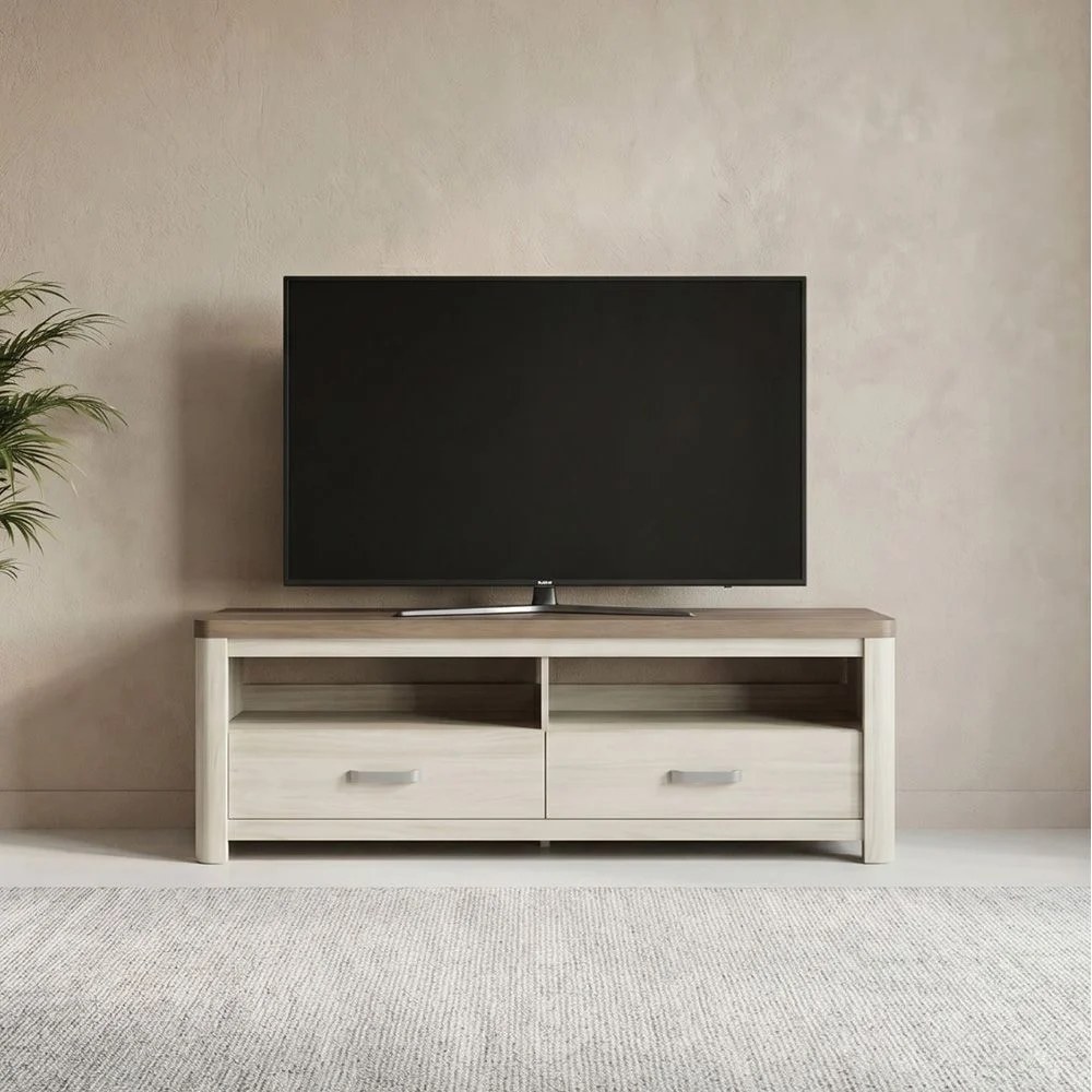 Olivos Low TV Unit for TVs up to 75 Inches with Storage-Ash Grey/Oak-With 2-Year Warranty - Image 2