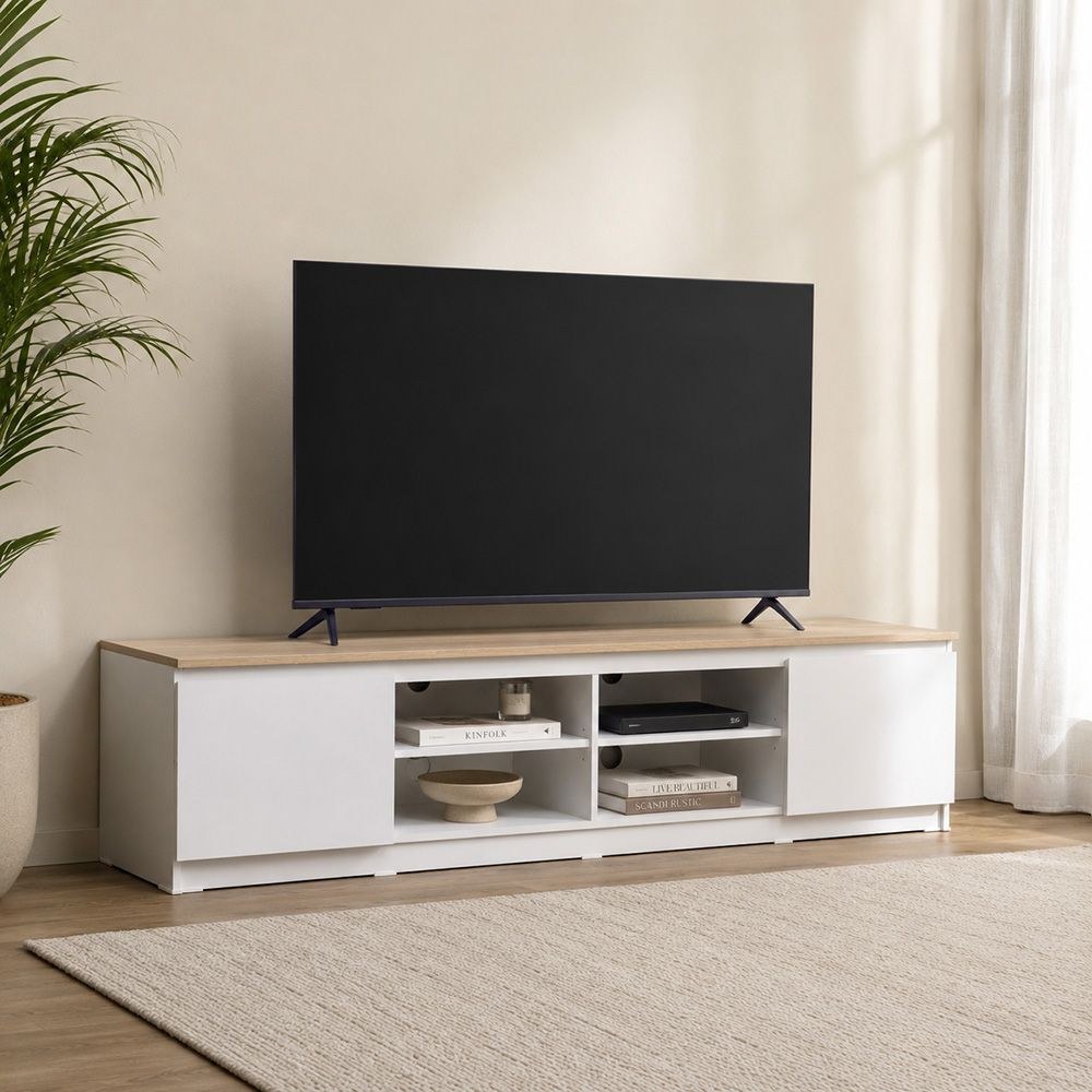 Guyana TV Unit with 2 Doors & Shelves - Up to 80 Inches - White/Oak - With 2-Year Warranty