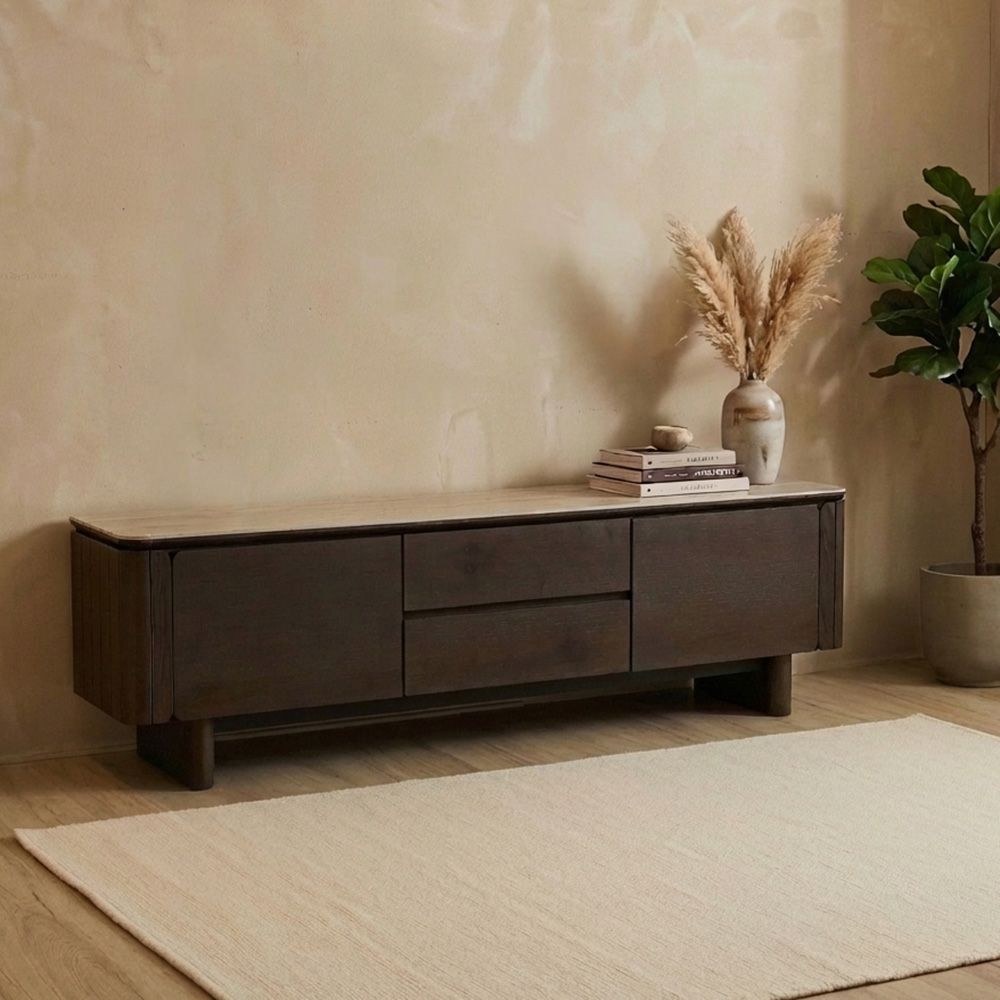 Brookside Stone Top TV Unit - Up to 80 Inches - Beige/Oak Veneer - With 2-Year Warranty - Image 2
