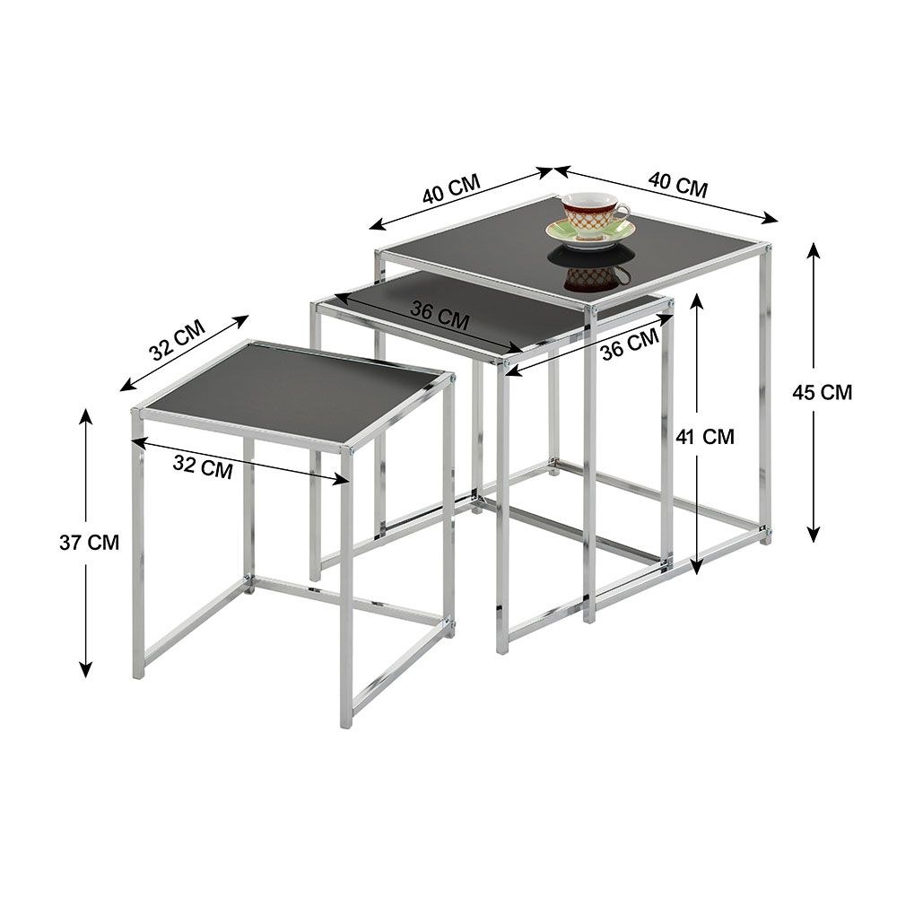 Jorley Glass Nesting Table-Set of 3-Chrome/Black Glass-With 2-Year Warranty - Image 3