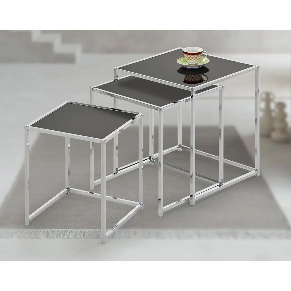 Jorley Glass Nesting Table-Set of 3-Chrome/Black Glass-With 2-Year Warranty - Image 4