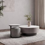 Velarion Round Coffee Table with Stool - Set of 2 - White/Grey - With 2-Year Warranty