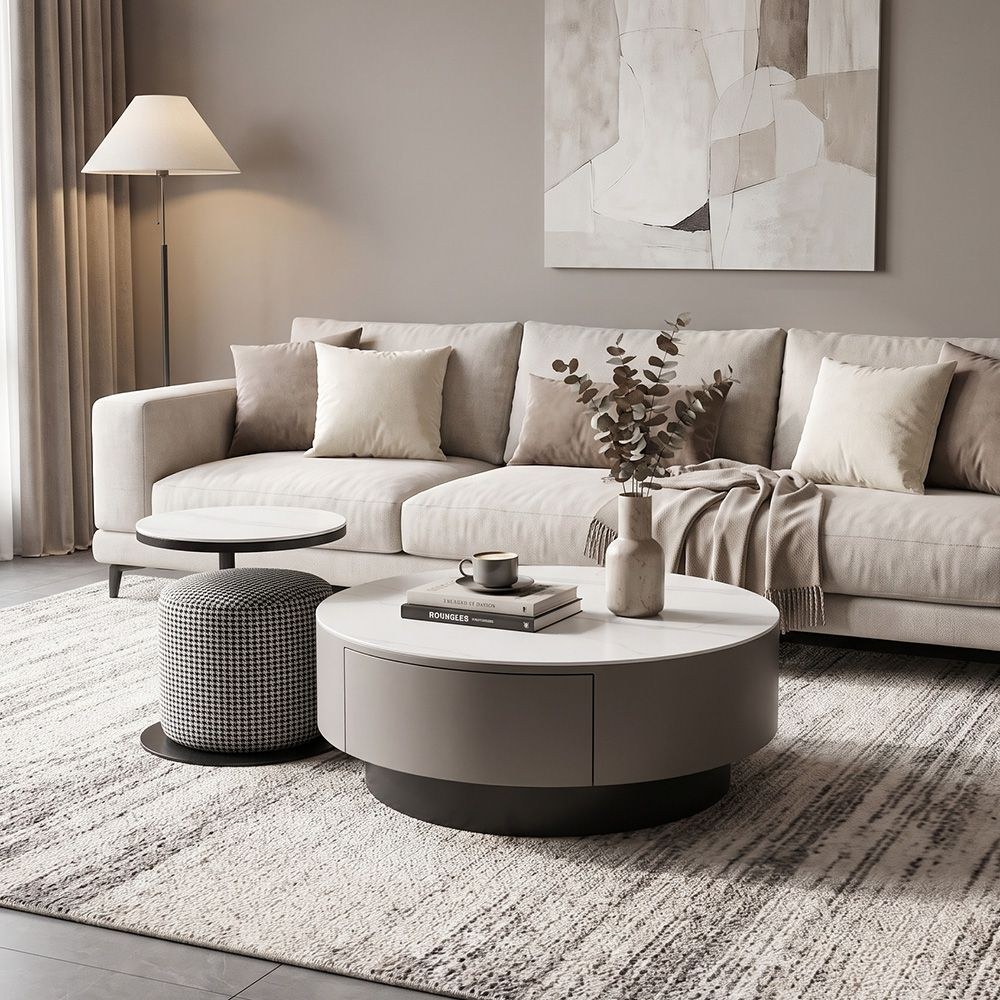 Velarion Round Coffee Table with Stool - Set of 2 - White/Grey - With 2-Year Warranty - Image 5
