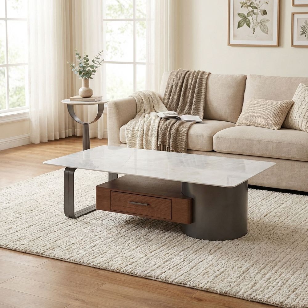 Dustin Coffee Table with Drawer - Light Grey/Gunmetal Black - With 2-Year Warranty - Image 5