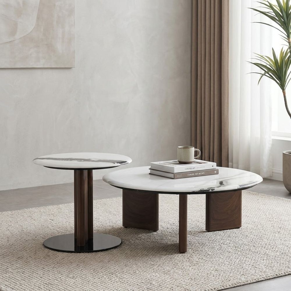 Abba Round Coffee Table - Set of 2 - White/Bronze - With 2-Year Warranty