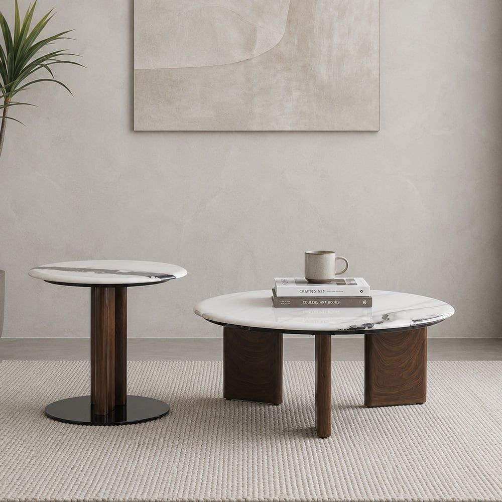 Abba Round Coffee Table - Set of 2 - White/Bronze - With 2-Year Warranty - Image 2