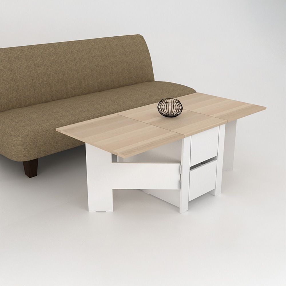 Algeria Foldable Coffee Table With Drawers-White/Oak - Image 2