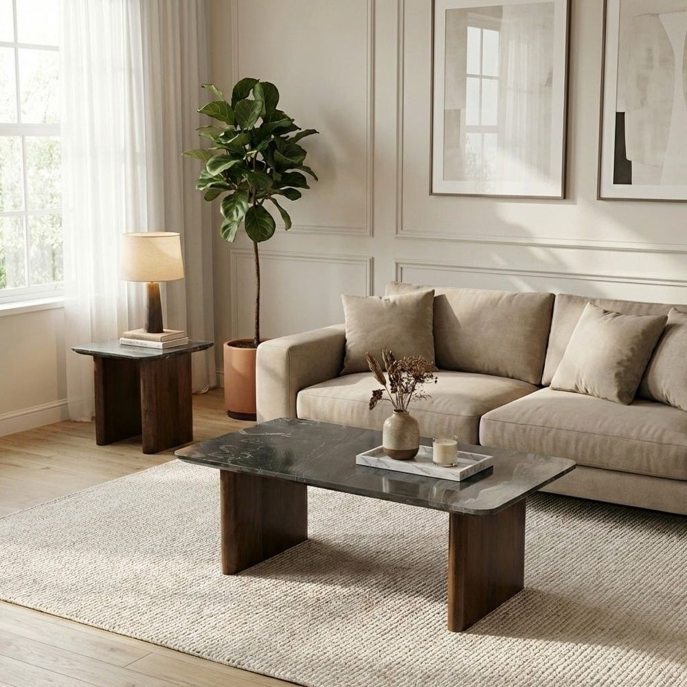 York Marble Top Coffee Table - Black/Walnut - With 2-Year Warranty - Image 4