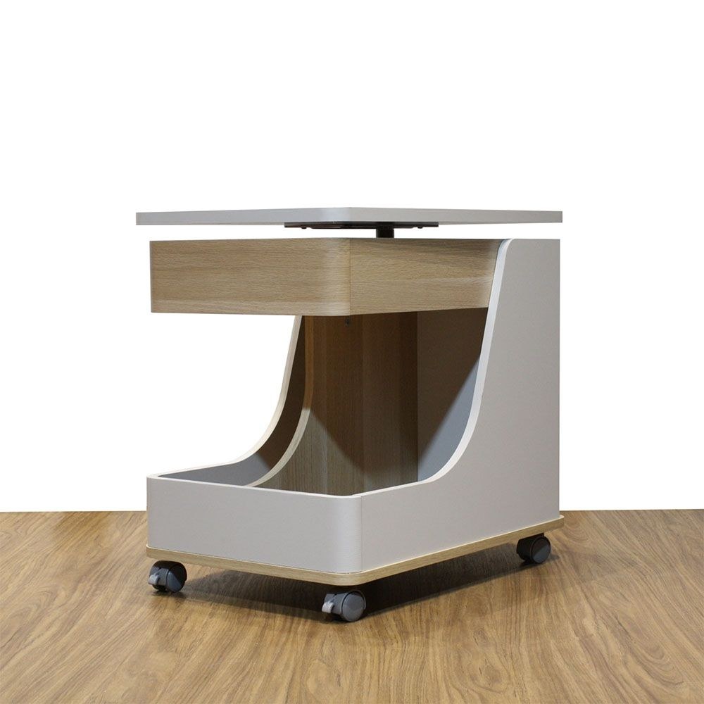 Tavira Side Table with Shelves and Revolving Top - Light Grey/Oak - With 2-Year Warranty