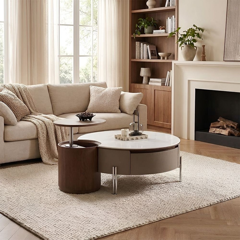Rovena Round Coffee Table With Drawer - White/Brown - Image 5