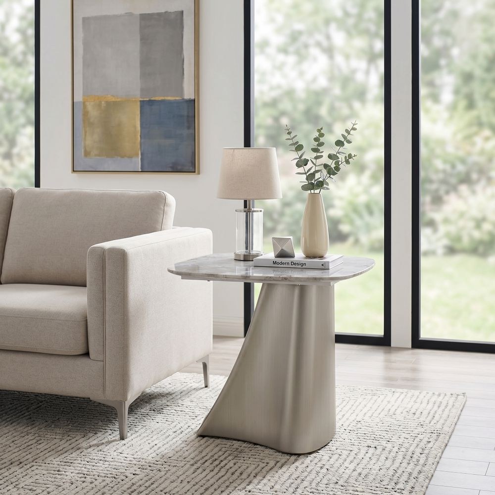 Biene Marble Top End Table - Light Grey/Matt Silver