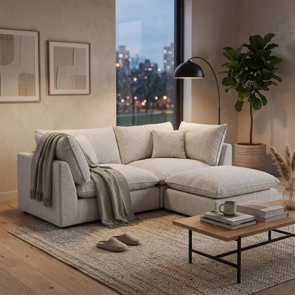 Napoleon 2 Seater Fabric Modular Sofa Set + Ottoman- Beige