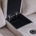 Odum Fabric Console with Storage + Speaker + 2 Cup Holders + Charger-Grey/White-With 2-Year Warranty