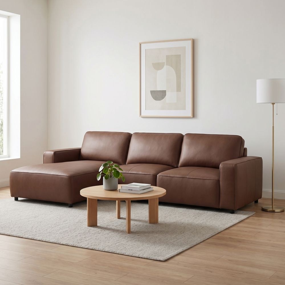 Tokishi 3-Seater Full Leather Corner Sofa - Tan - With 2-Year Warranty