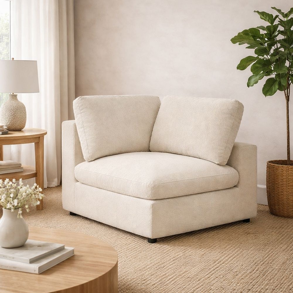 Neithan 6 Seater Fabric Modular Sofa Set + Ottoman- Beige - Image 4