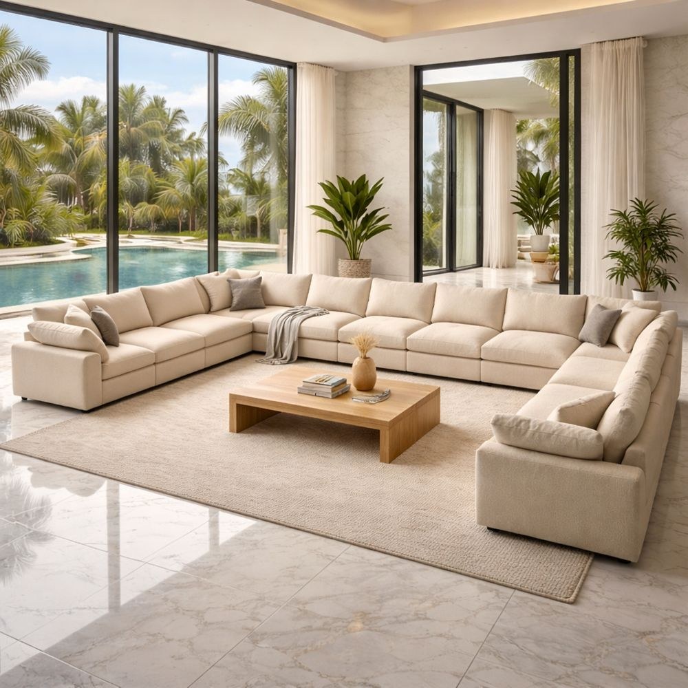 Neithan 12 Seater Fabric Modular Sofa Set + Ottoman- Beige - Image 5