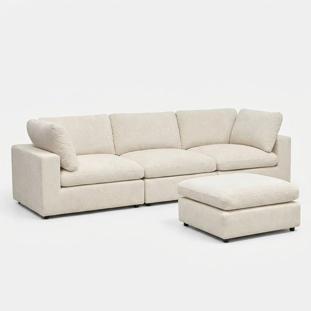 Neithan 3 Seater Fabric Modular Sofa Set + Ottoman- Beige - Image 2