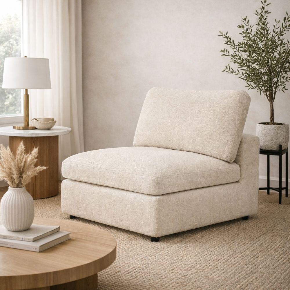 Neithan 6 Seater Fabric Modular Sofa Set + Ottoman- Beige - Image 3