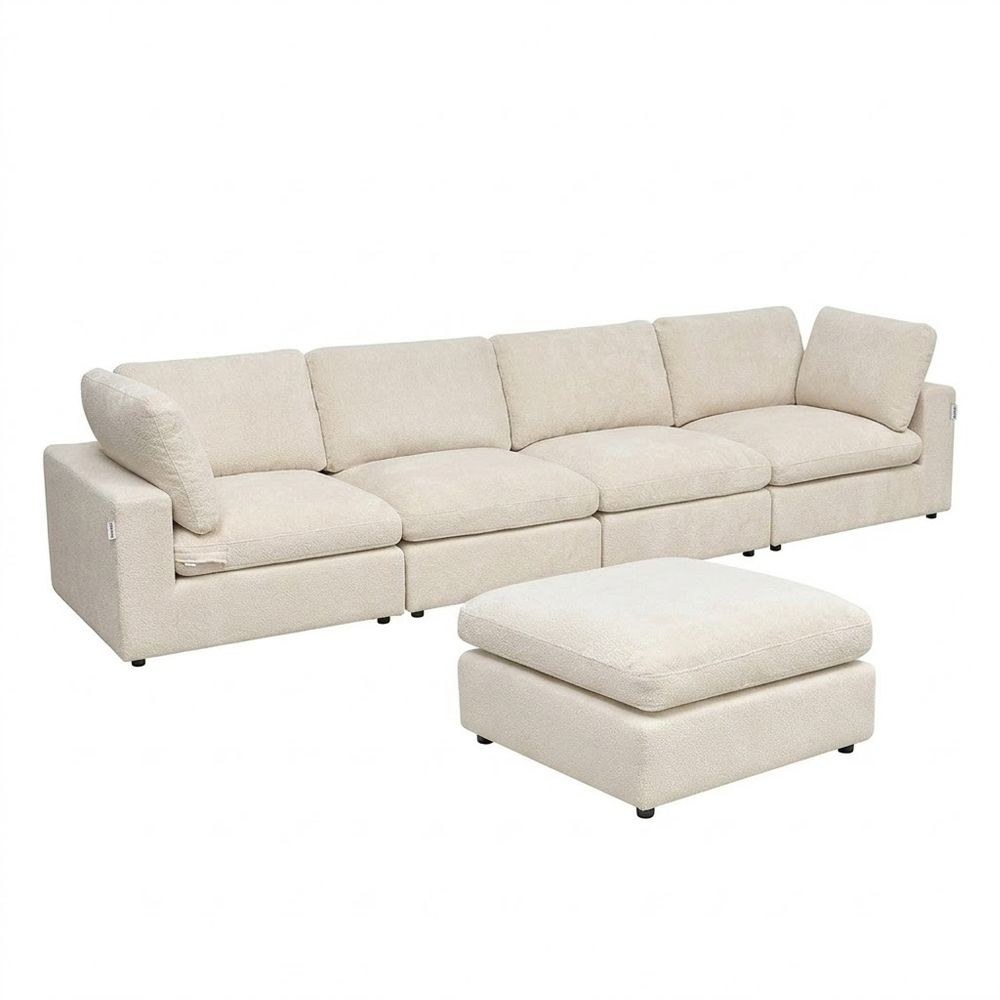Neithan 4 Seater Fabric Modular Sofa Set + Ottoman- Beige - Image 2