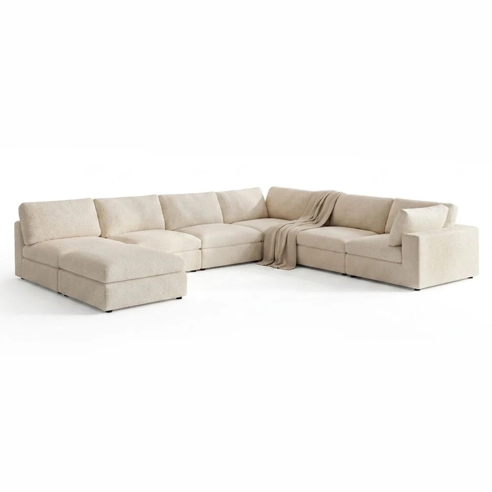 Neithan 6 Seater Fabric Modular Sofa Set + Ottoman- Beige - Image 2