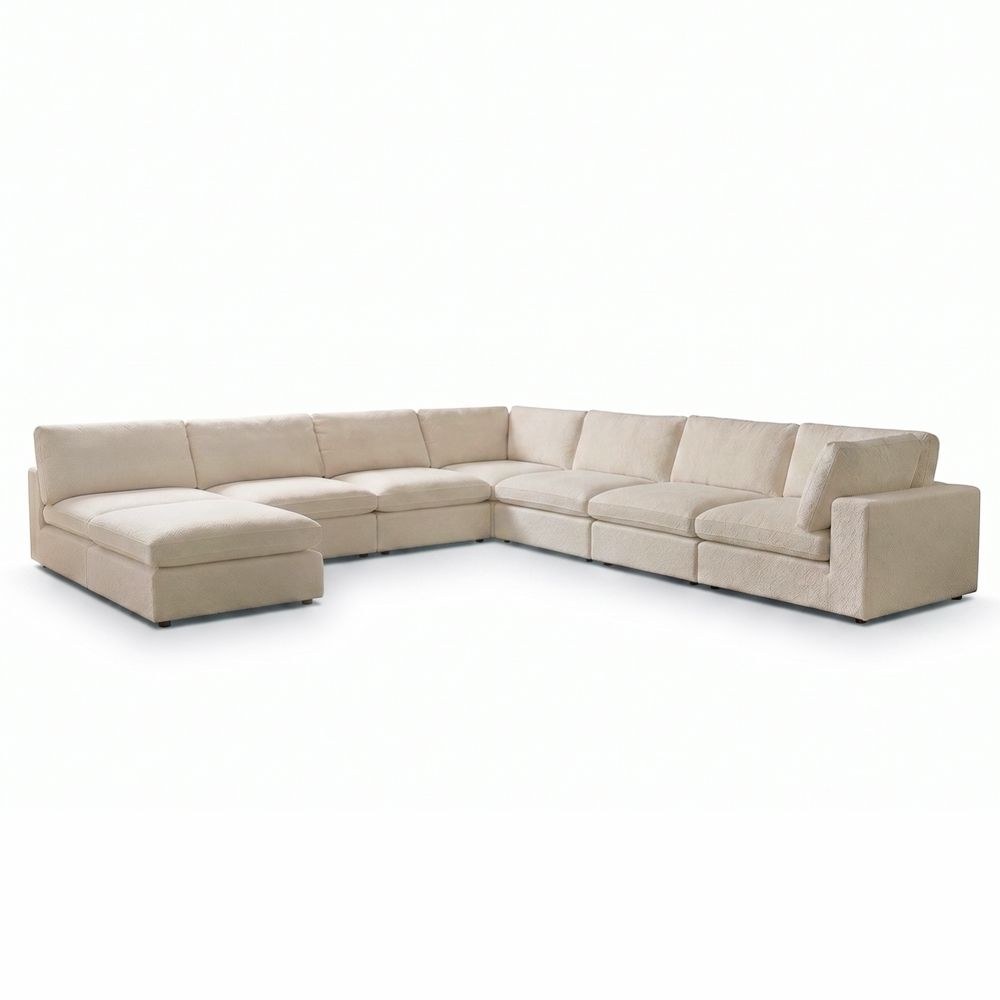 Neithan 7 Seater Fabric Modular Sofa Set + Ottoman- Beige - Image 2