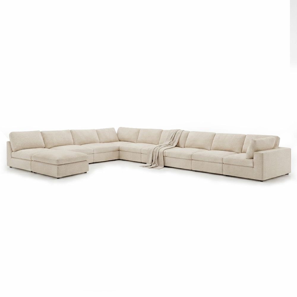 Neithan 9 Seater Fabric Modular Sofa Set + Ottoman- Beige - Image 2