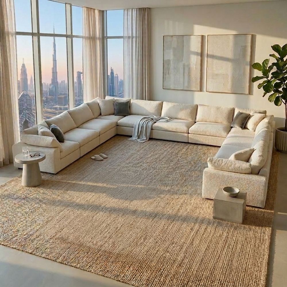 Neithan 10 Seater Fabric Modular Sofa Set + Ottoman- Beige - Image 5