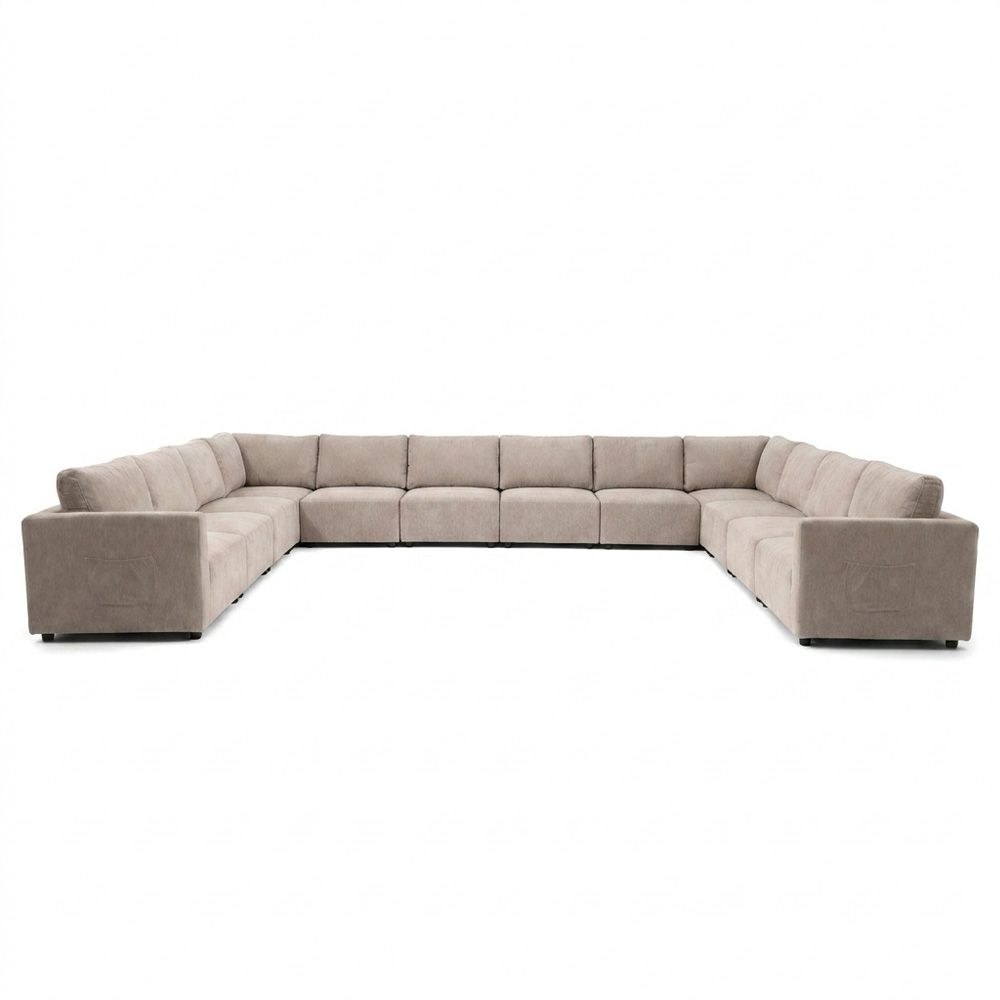 Benjo 12 Seater C Shape Fabric Modular Sofa Set + Ottoman- Champange - Image 2