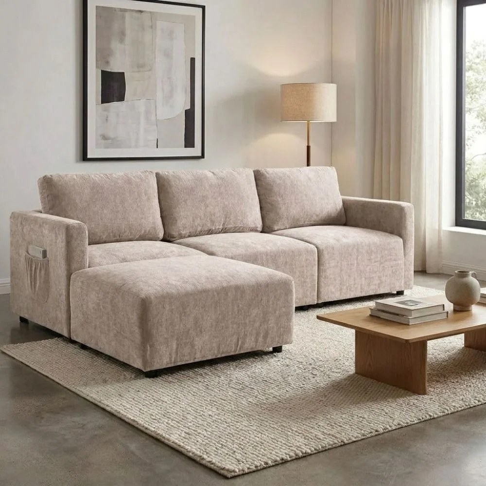 Benjo 3 Seater Fabric Modular Sofa Set + Ottoman- Champange