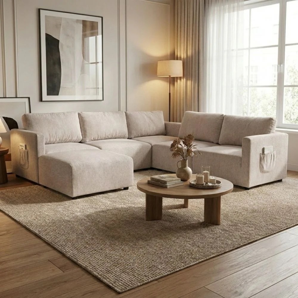 Benjo 5 Seater Fabric Modular Sofa Set + Ottoman- Champange