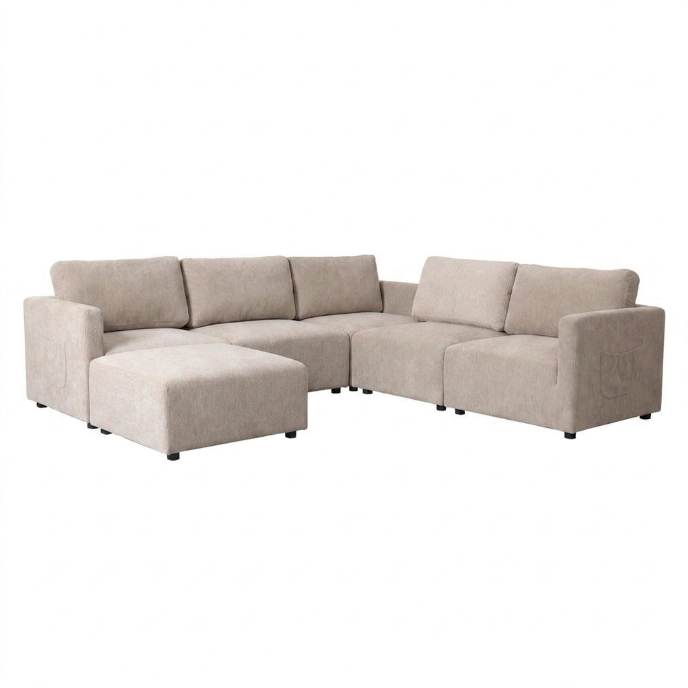 Benjo 5 Seater Fabric Modular Sofa Set + Ottoman- Champange - Image 2