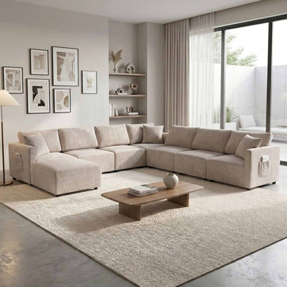Benjo 7 Seater Fabric Modular Sofa Set + Ottoman- Champange