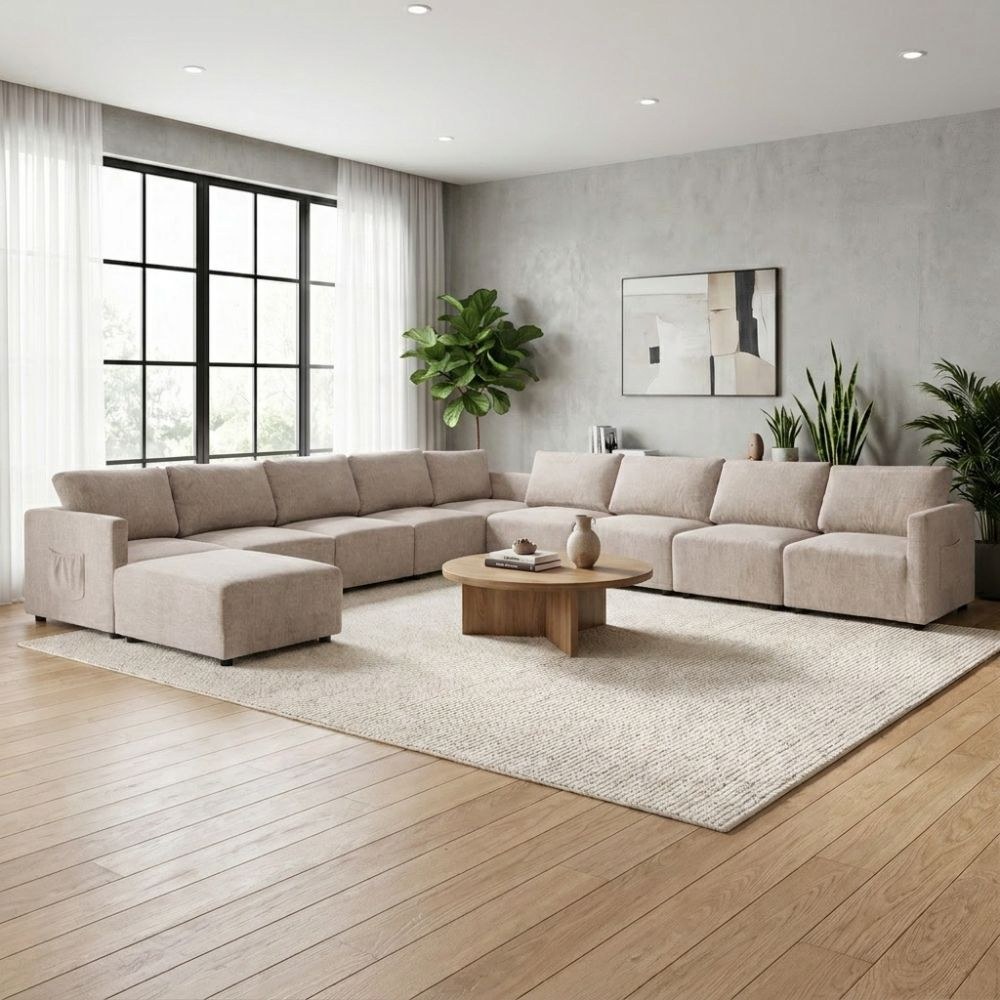 Benjo 9 Seater Fabric Modular Sofa Set + Ottoman- Champange
