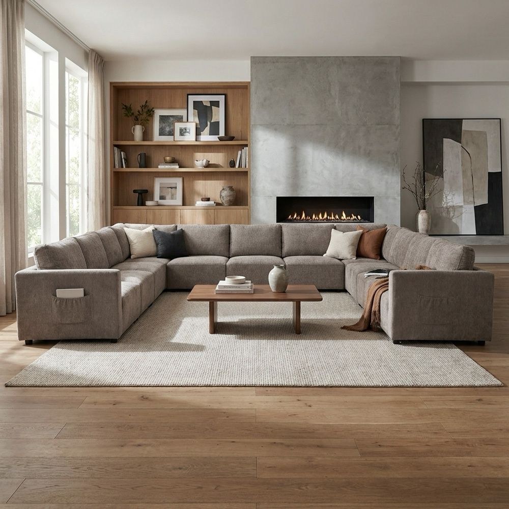 Benjo 11 Seater C Shape Fabric Modular Sofa Set + Ottoman- Brown