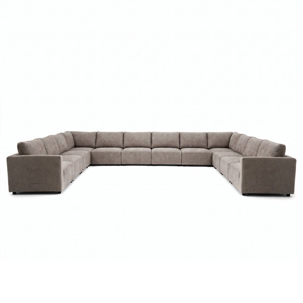 Benjo 12 Seater C Shape Fabric Modular Sofa Set + Ottoman- Brown - Image 2