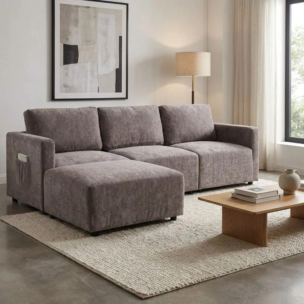 Benjo 3 Seater Fabric Modular Sofa Set + Ottoman- Brown