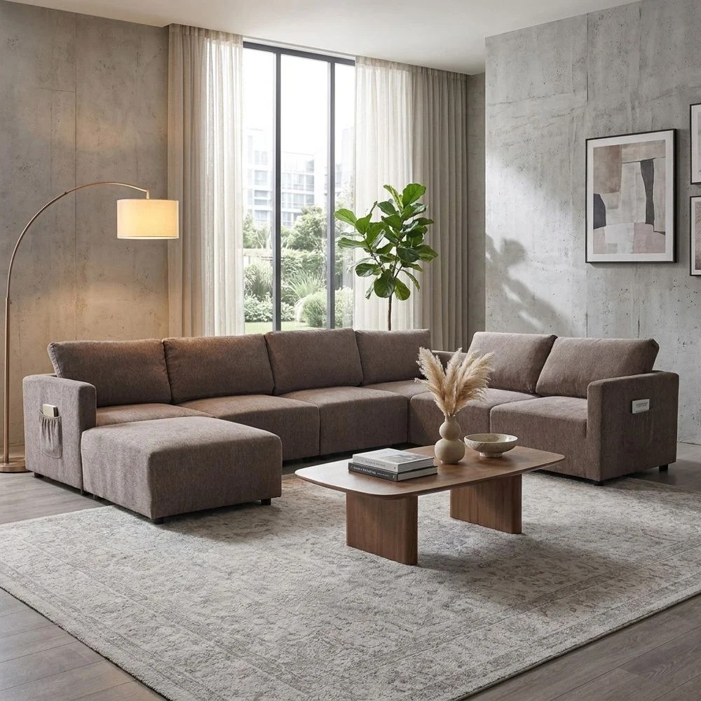 Benjo 6 Seater Fabric Modular Sofa Set + Ottoman- Brown