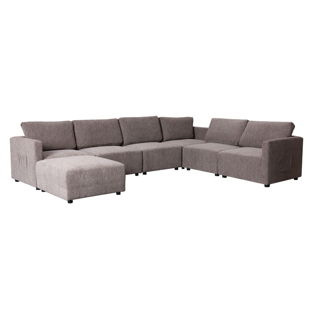 Benjo 6 Seater Fabric Modular Sofa Set + Ottoman- Brown - Image 2