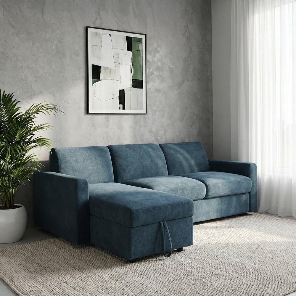 Darion 3-Seater Fabric Left Corner Sofa Bed with Storage - Blue - With 2-Year Warranty