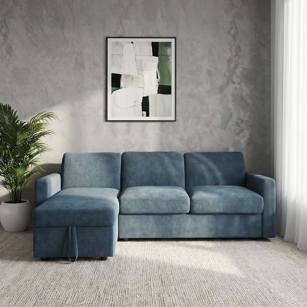 Darion 3-Seater Fabric Left Corner Sofa Bed with Storage - Blue - With 2-Year Warranty - Image 2