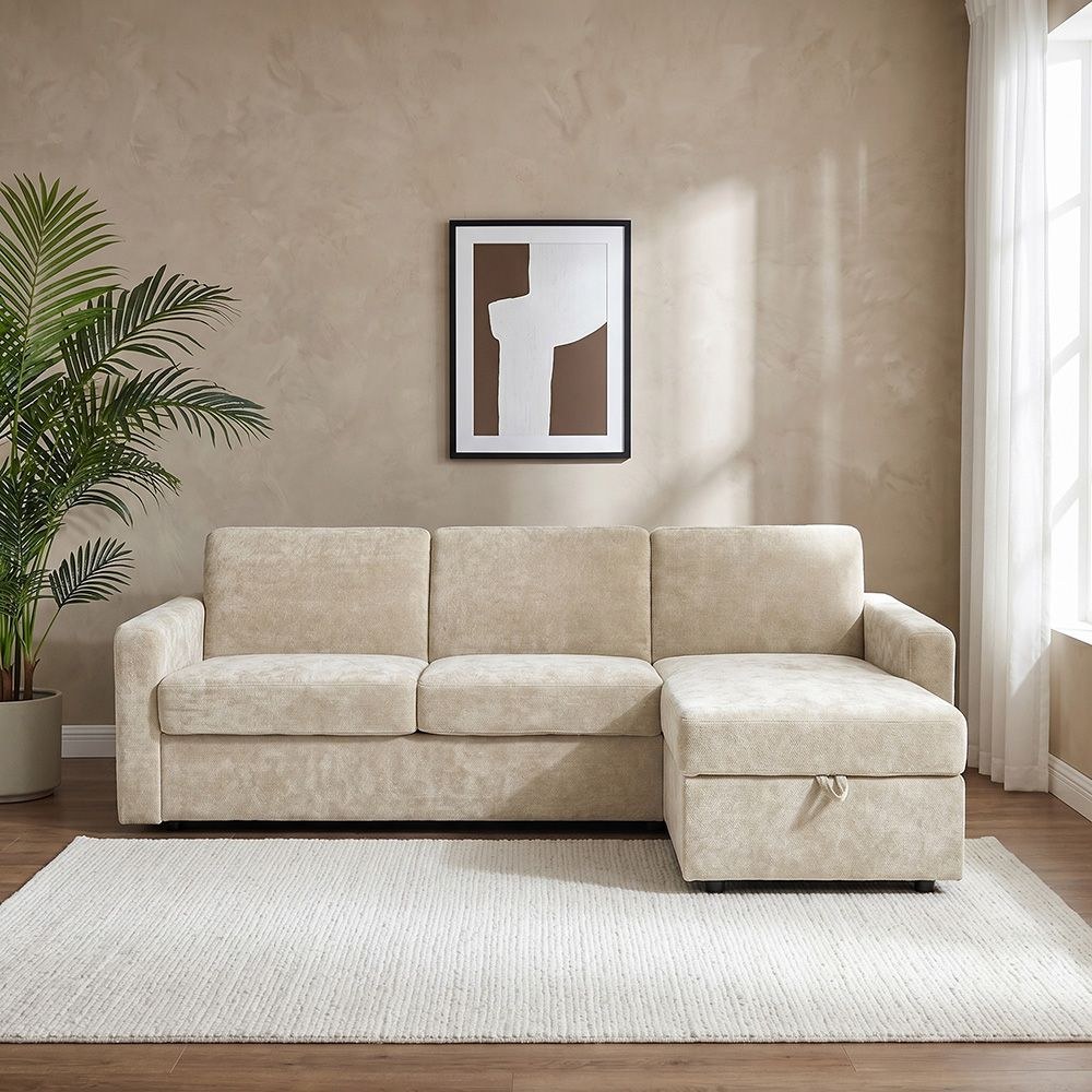 Darion Fabric Right Corner Sofa Bed With Storage - Beige - Image 2