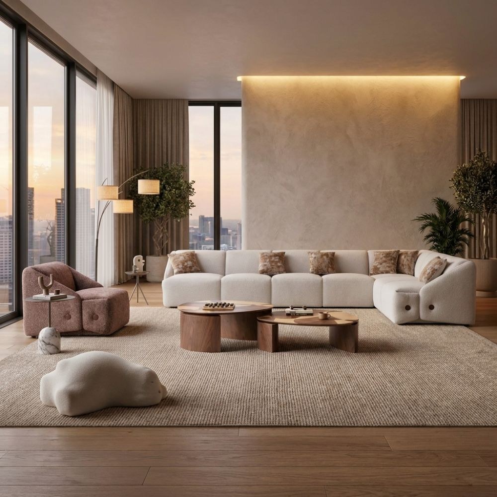 Mayla Sectional Fabric Corner Sofa Set - Light Brown