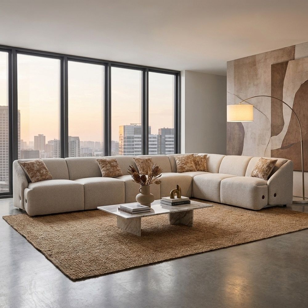 Mayla Sectional Fabric Corner Sofa Set - Light Brown - Image 2