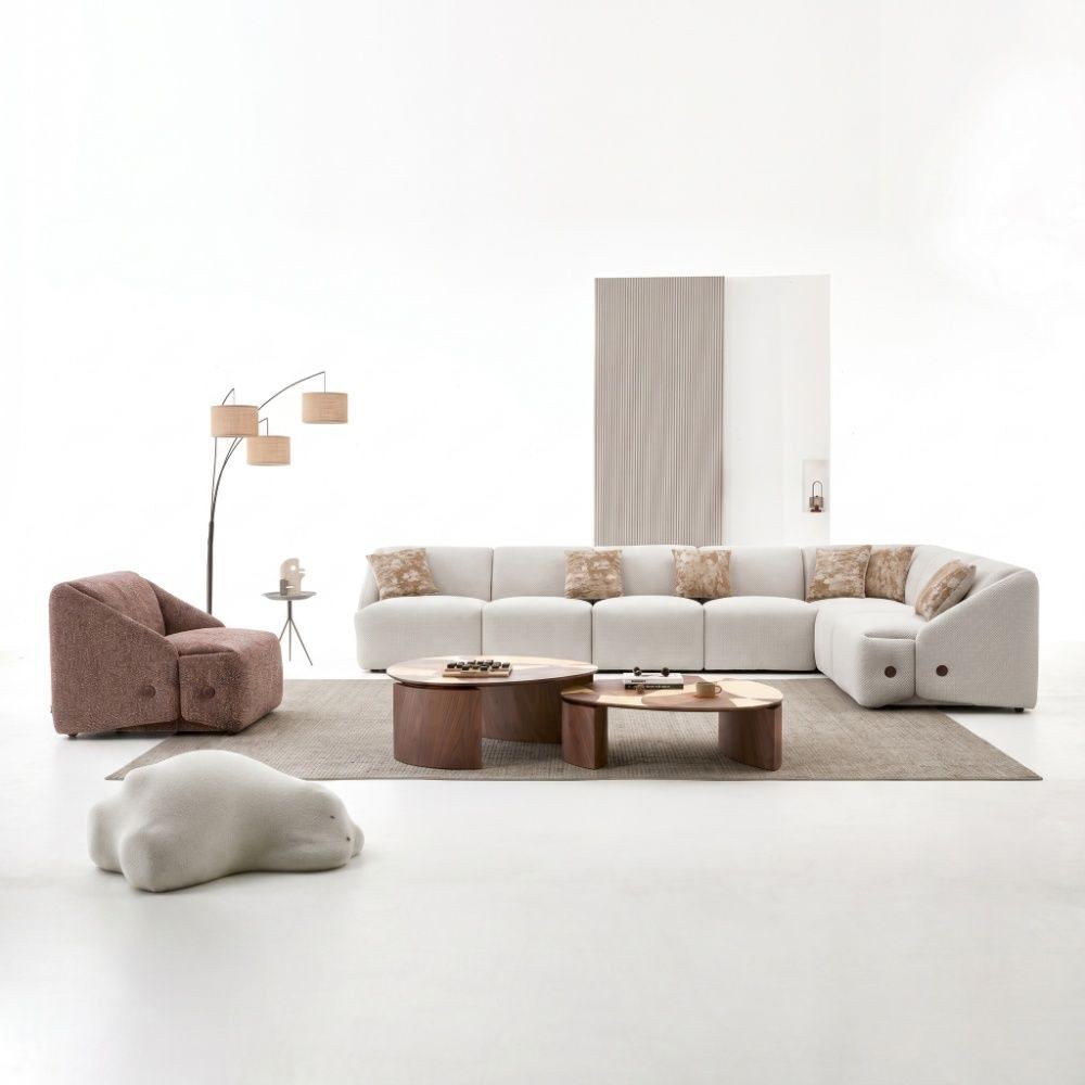 Mayla Sectional Fabric Corner Sofa Set - Light Brown - Image 4