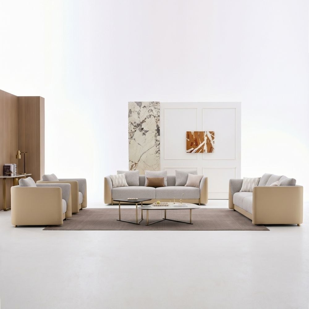 Averie 3+2+1+1 Seater Fabric/Faux Leather Sofa Set - Camel/Beige - Image 2